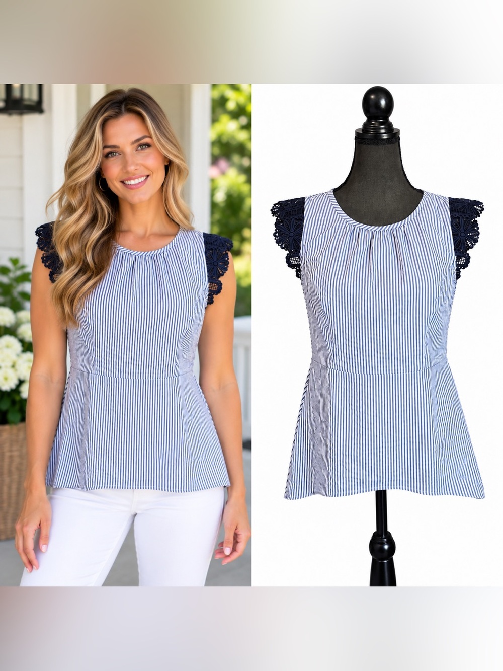 CAbi Striped Top w/Crochet Cap Sleeves Women’s Size XS Preppy Nautical Coastal